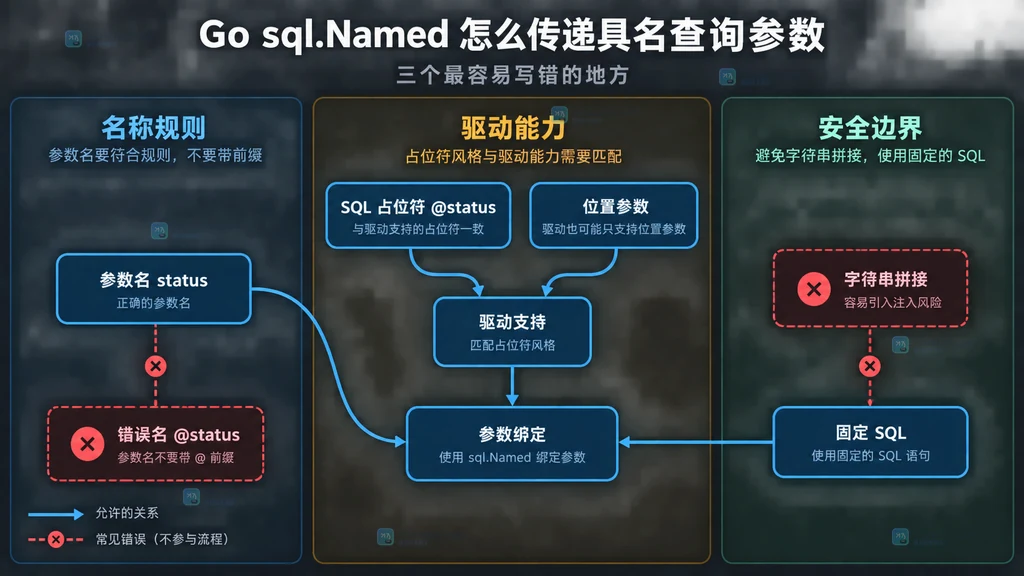 Go sql Named 参数名、占位符前缀、驱动支持和安全绑定常见错配静态关系图
