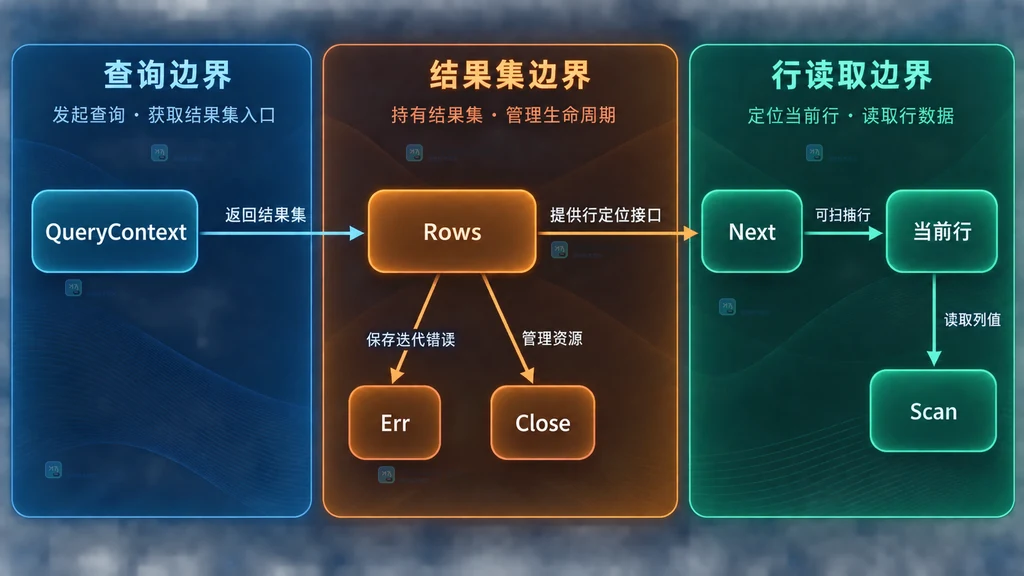 Go sql Rows 的 Next、Scan、Err 与 Close 静态关系结构图