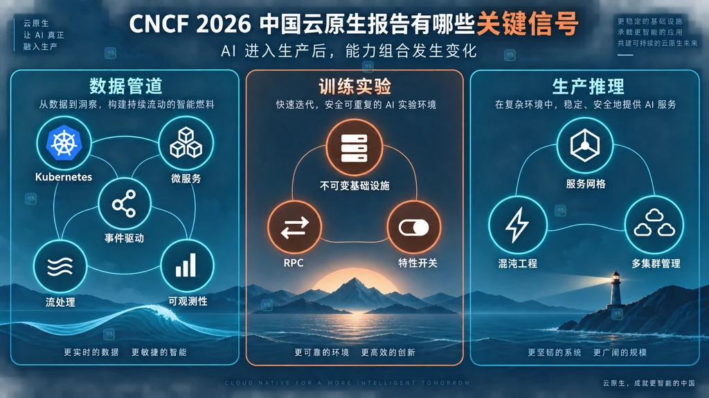 AI 数据管道、训练实验与生产推理对应云原生能力的原创结构图