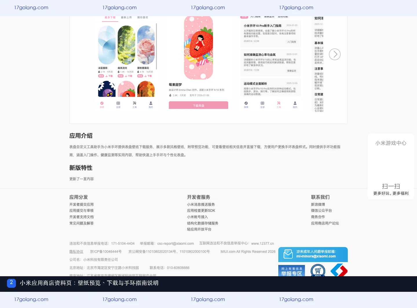 小米应用商店表盘自定义工具资料页,展示壁纸预览下载和手环指南说明