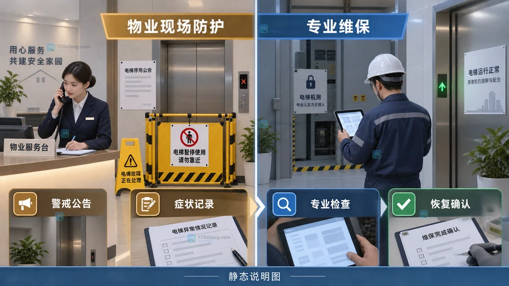 物业现场警戒公告与症状记录和专业维保检查、恢复确认之间职责边界的原创说明图