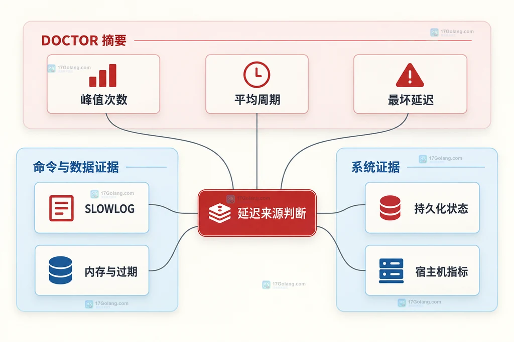 Redis LATENCY DOCTOR 报告字段、命令证据、持久化证据和宿主机证据关系结构图