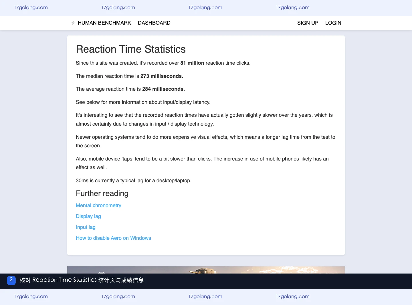 Human Benchmark Reaction Time Statistics 官方统计页面