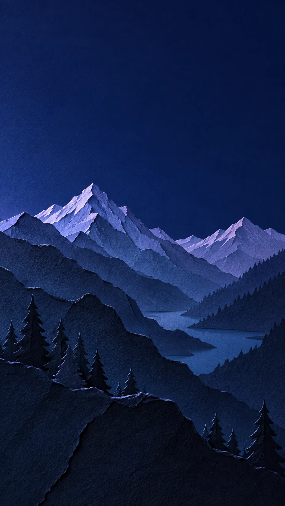 午夜蓝与冷蓝紫光纸雕层叠山脉手机壁纸变体，深色前景山脊和顶部锁屏留白形成明显差异