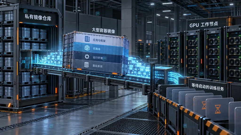 大型机器学习容器镜像从私有仓库传输到本地 GPU 工作节点的原创场景说明图