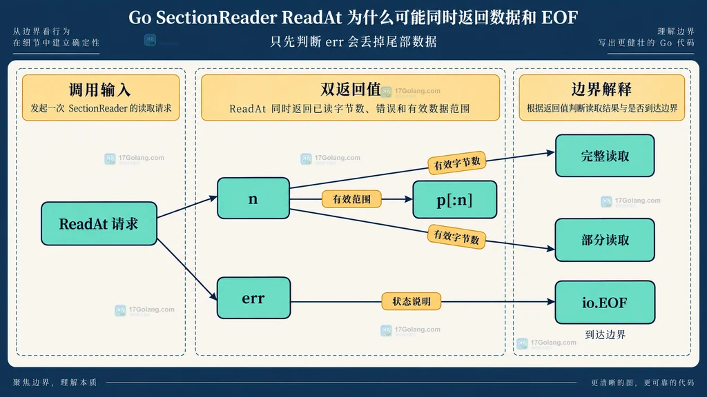 ReadAt 请求分解为有效字节 n、缓冲区 p[:n] 和错误 err 的静态返回关系图