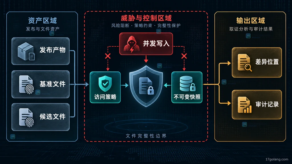 发布产物、基准文件、候选文件、并发写入、访问策略、不可变快照、差异位置和审计记录的静态关系图