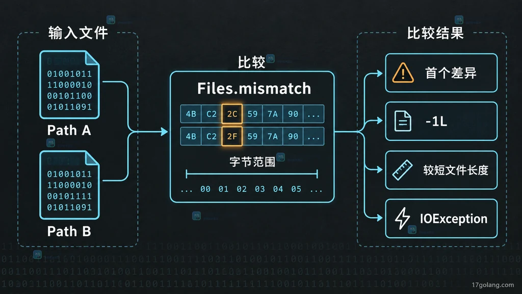 Path A、Path B、Files.mismatch 与首个差异、-1L、较短文件长度和 IOException 的静态关系图