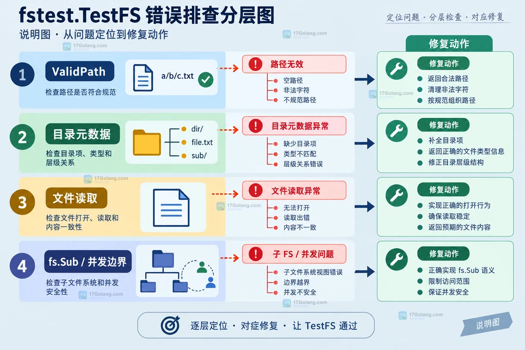 Go fstest.TestFS 按路径、目录、文件读取、fs.Sub 和并发边界定位失败的分层说明图