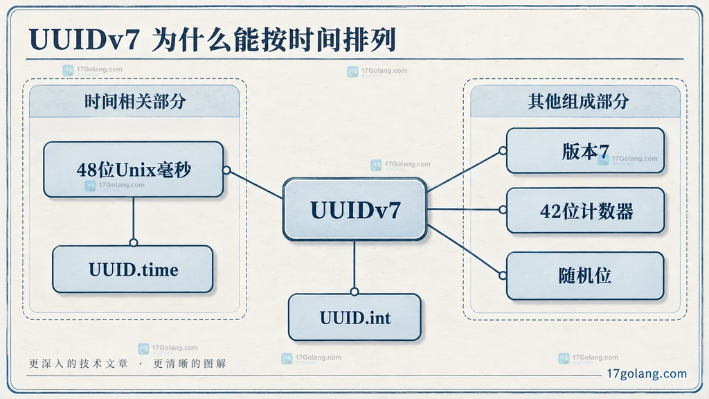 UUIDv7 的毫秒时间、版本位、计数器、随机位与 Python 读取属性结构图