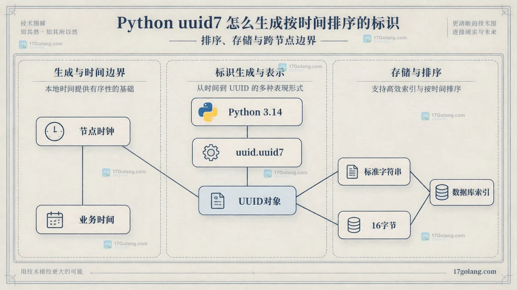Python uuid7 对象、字符串、二进制存储、数据库索引与节点时钟边界图