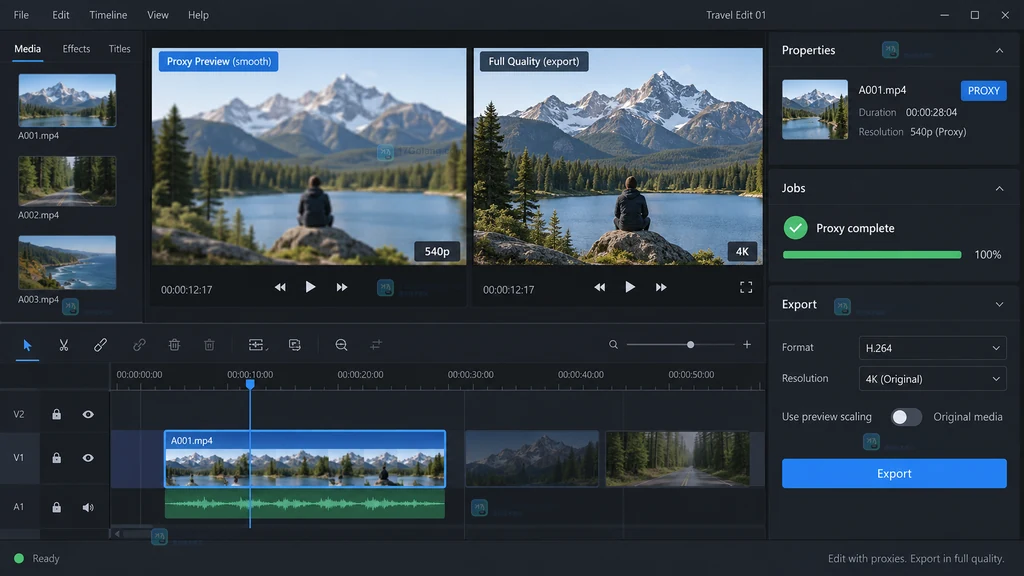 Shotcut 代理设置说明图,展示 Settings Proxy Use Proxy 开关与 Storage 项目目录选择