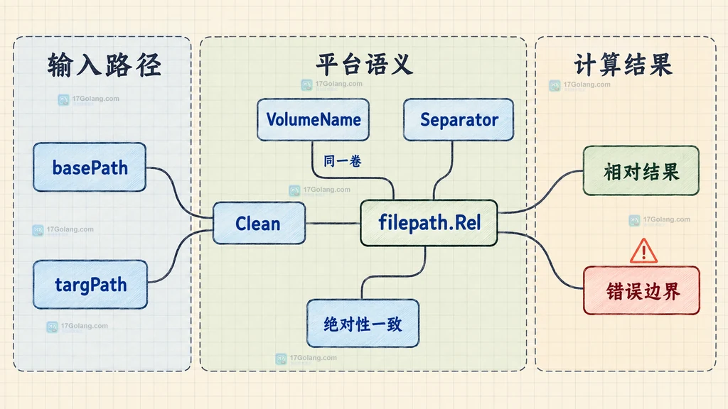 filepath.Rel 输入路径、平台清理、卷名、分隔符和结果之间的静态关系