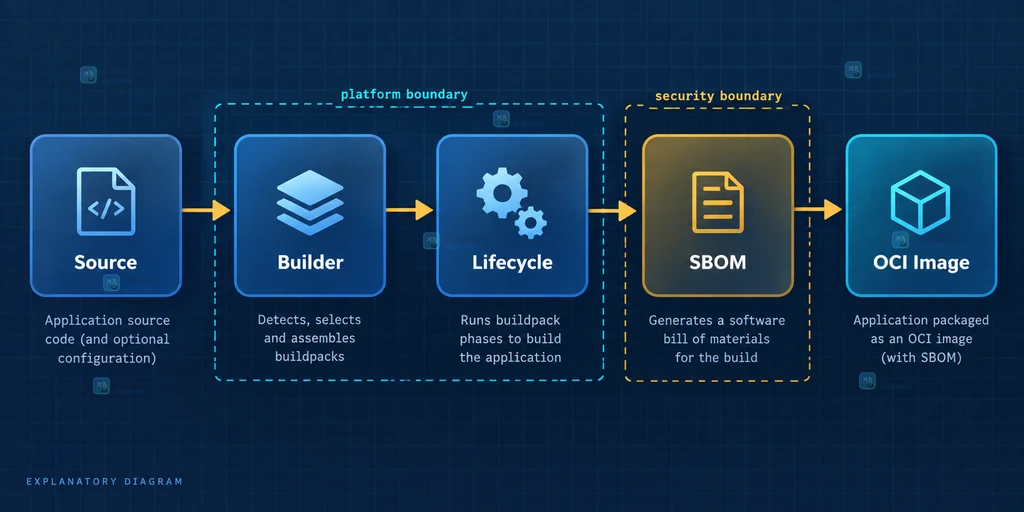 Cloud Native Buildpacks 将应用源代码、builder、生命周期和 OCI 镜像连接起来的控制面说明图