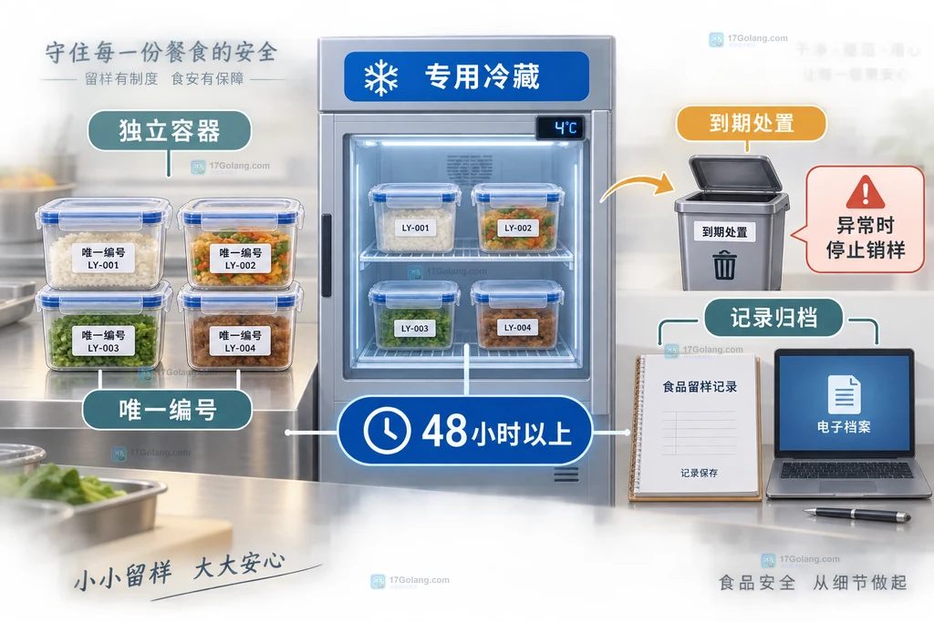 学校食堂食品留样专用容器冷藏与到期处置关系说明图