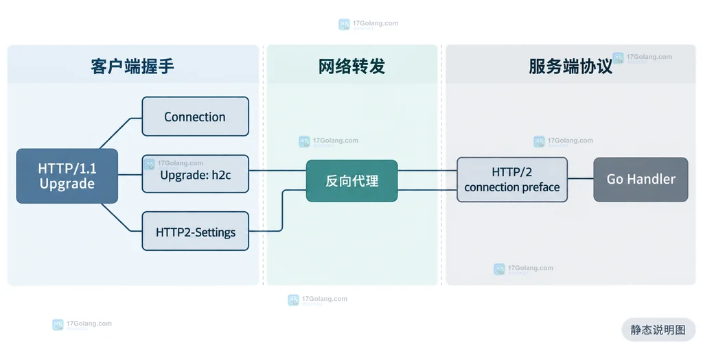 h2c 客户端握手、反向代理与 Go Handler 的静态关系说明图