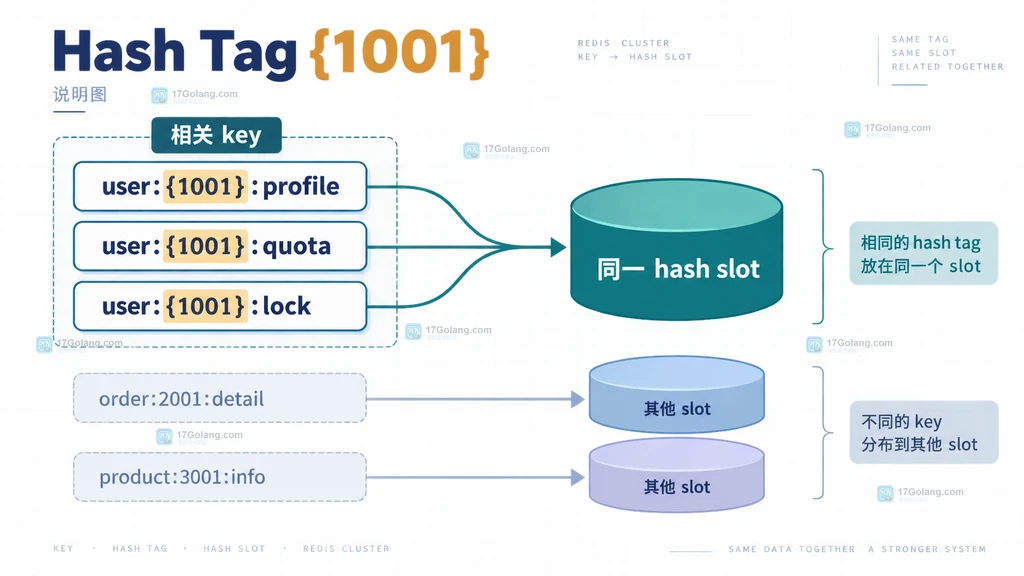 Redis Cluster Hash Tag 将同一用户的多个 key 映射到同一个 hash slot 的结构说明图