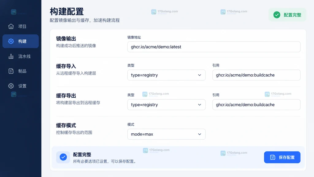 Docker buildx 镜像输出、缓存导入和缓存导出配置面板说明图
