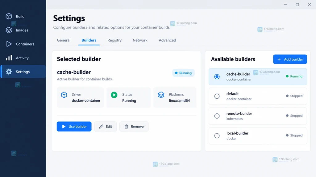 Docker Desktop Builders 设置与选中构建器信息界面说明图