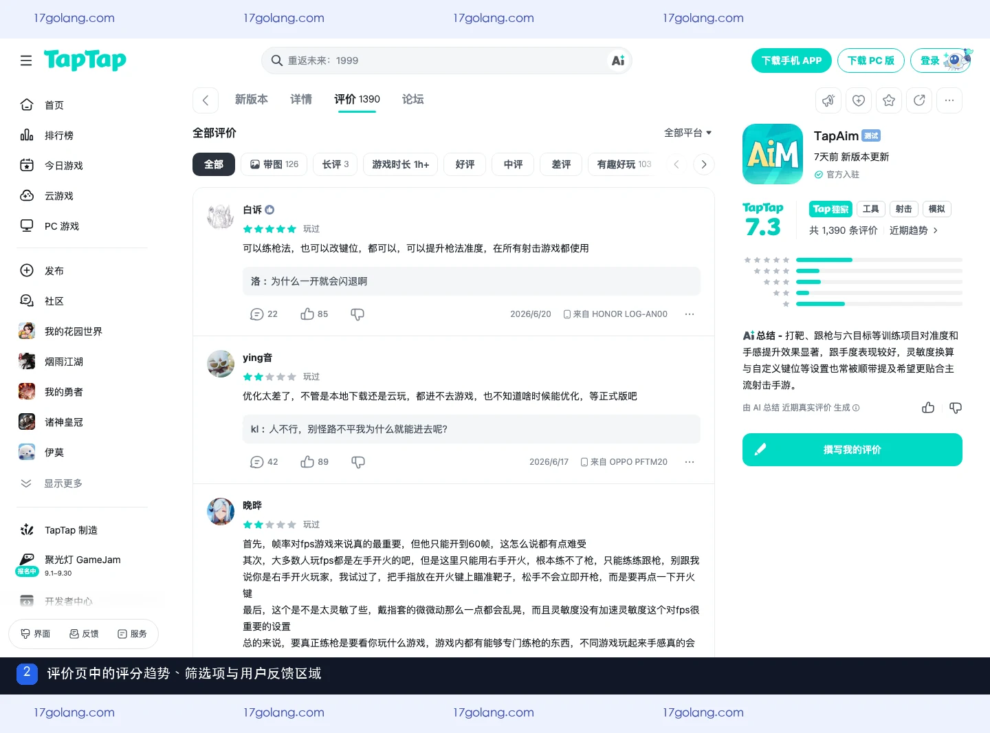 TapAim评价页中的评分趋势、评价筛选和用户反馈
