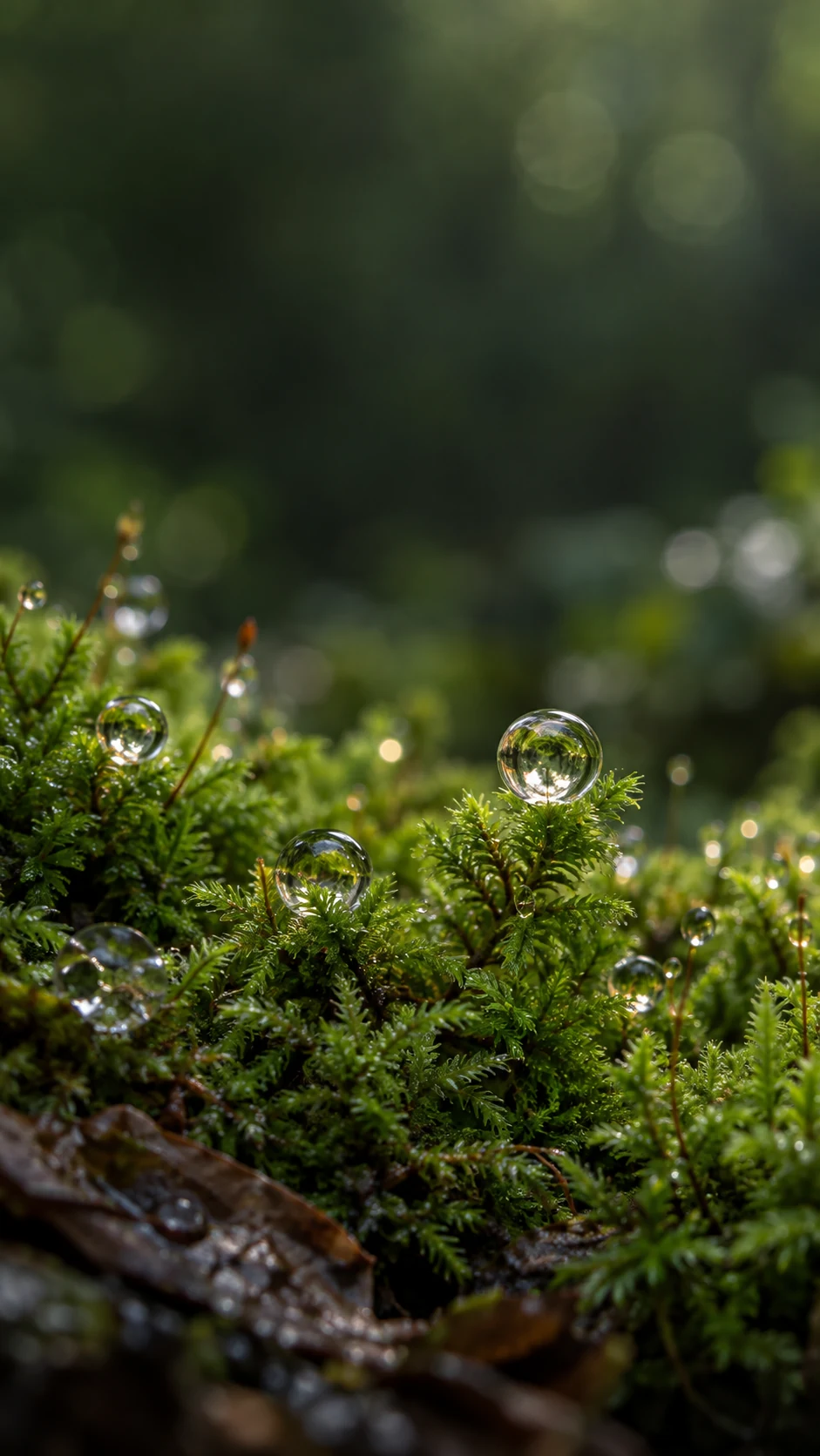 苔藓微距露珠手机锁屏壁纸说明图，顶部为深绿色时钟留白，前景呈现清晰水珠纹理