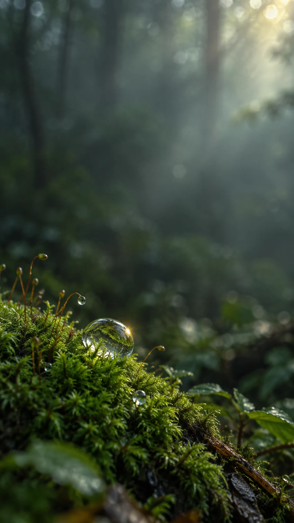 苔藓微距露珠手机主屏壁纸变体说明图，苔藓主体位于下三分之一，上方为深绿留白