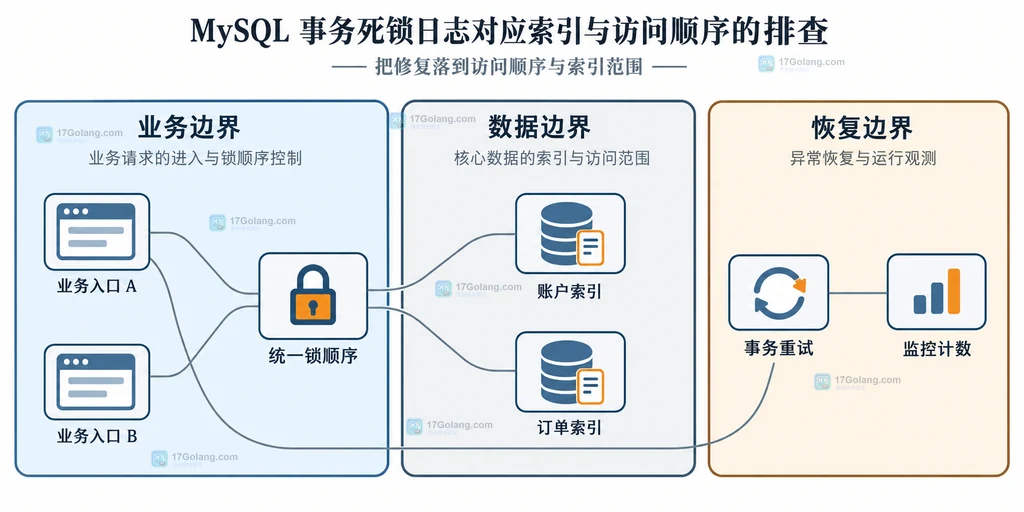 MySQL 不同业务入口统一锁顺序并通过账户索引、订单索引缩小锁范围的修复边界图