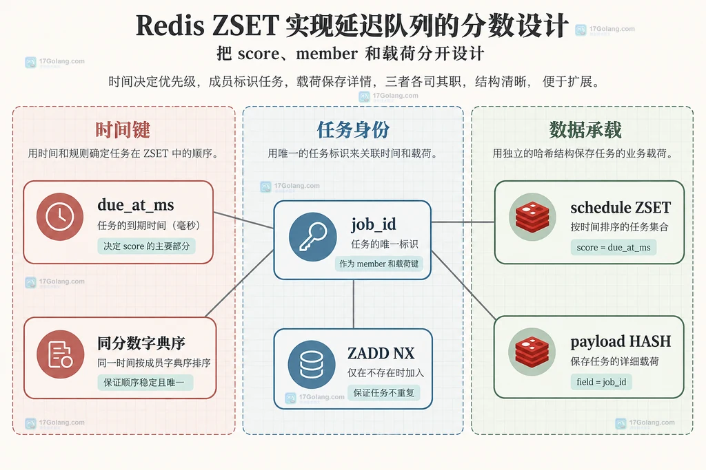 Redis ZSET 延迟队列中 due_at_ms、job_id、schedule ZSET 与 payload HASH 的静态关系图