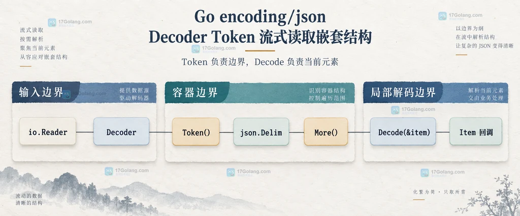 Go io.Reader、Decoder、Token、json.Delim、More、Decode 与 Item 回调的静态结构关系图