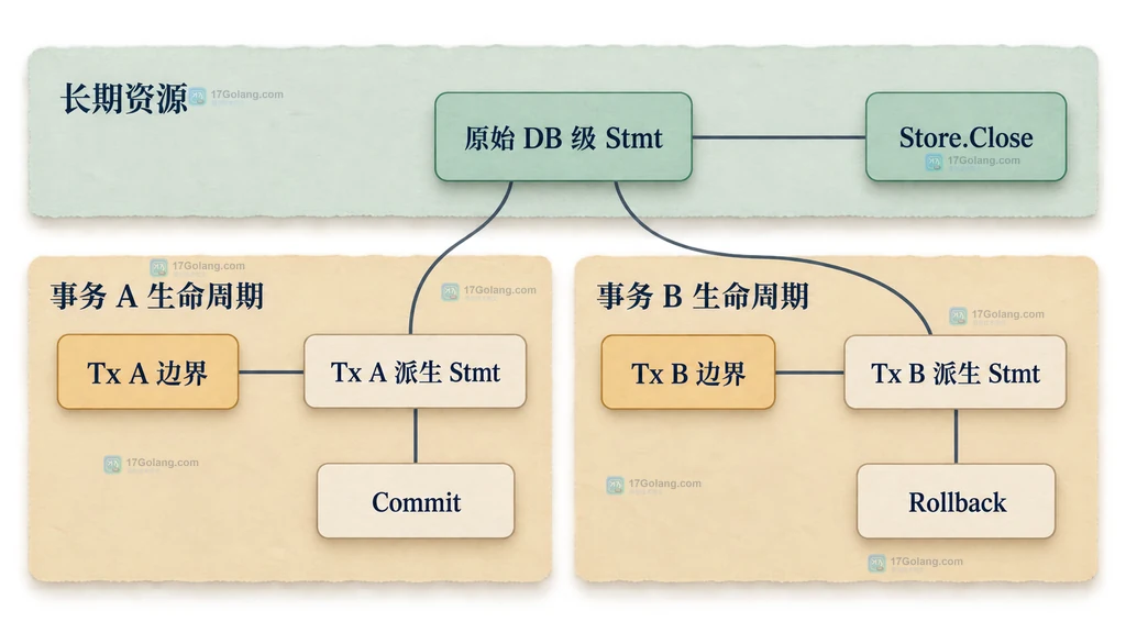 原始 Stmt 与多个事务派生 Stmt 的生命周期边界说明图
