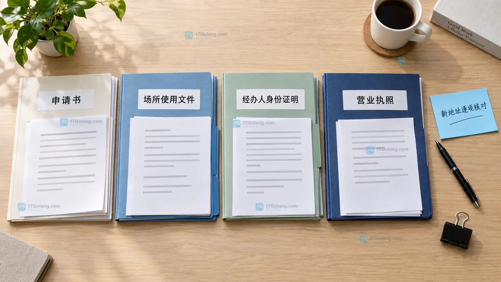 个体工商户经营地址变更四组材料准备说明图,包含申请书、场所使用文件、经办人身份证明和营业执照