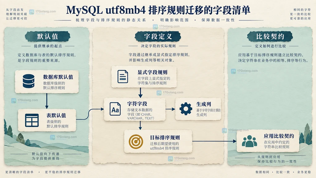 MySQL utf8mb4 排序规则迁移字段关系结构示意图