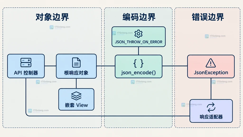 API 控制器、根响应对象、嵌套 View、json_encode、JSON_THROW_ON_ERROR、JsonException 与响应适配器的静态错误边界图