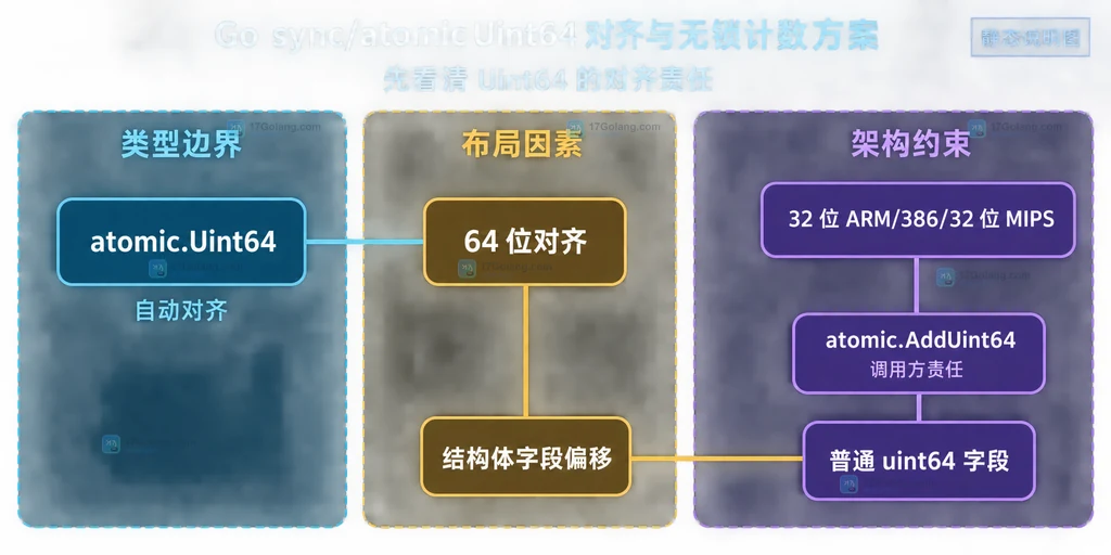 Go 无锁计数器从单点 atomic Uint64 到分片汇总与 Mutex 边界的静态关系图