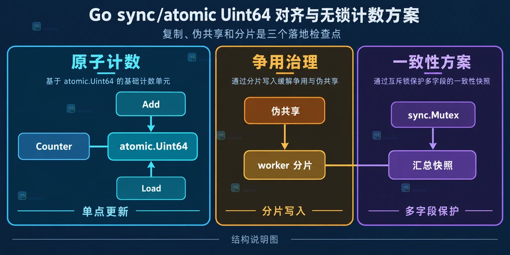 Go sync atomic Uint64 对齐边界与 primitive uint64 地址布局的静态结构说明图