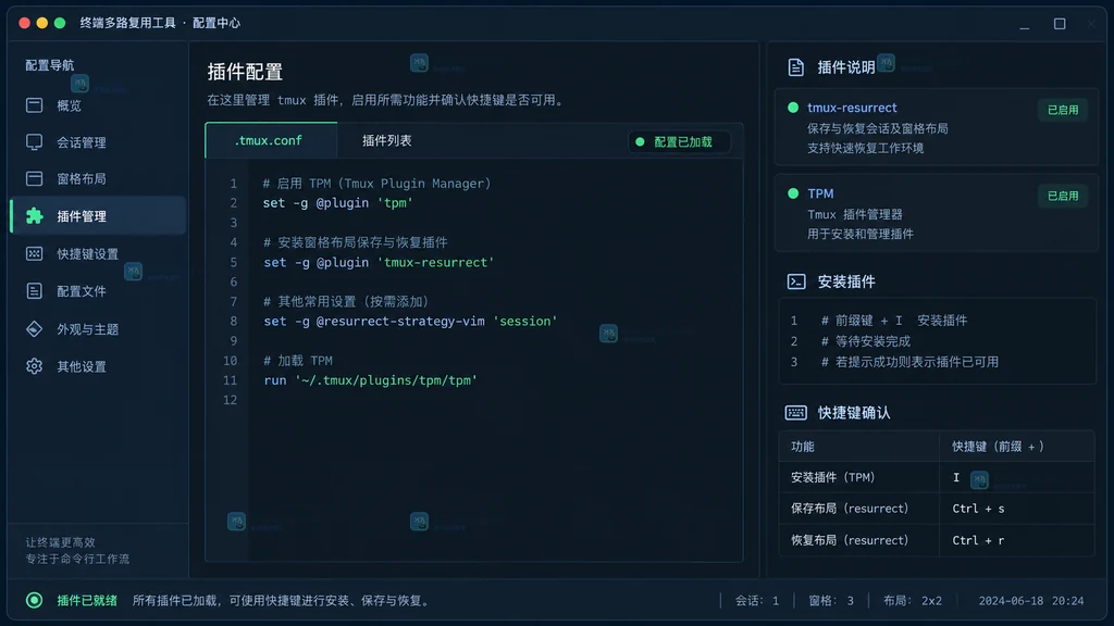 原创 tmux 工作区界面说明图，展示配置区域、TPM 插件项与安装完成状态