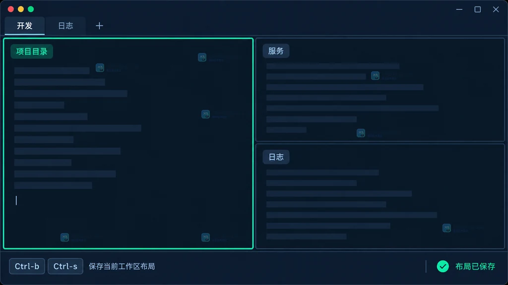 原创 tmux 多窗格界面说明图，展示三窗格布局、活动窗格、保存提示与本地存档状态