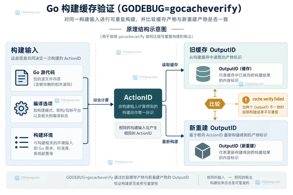 Go GODEBUG gocacheverify 从输入哈希到旧新输出比较的静态结构说明图