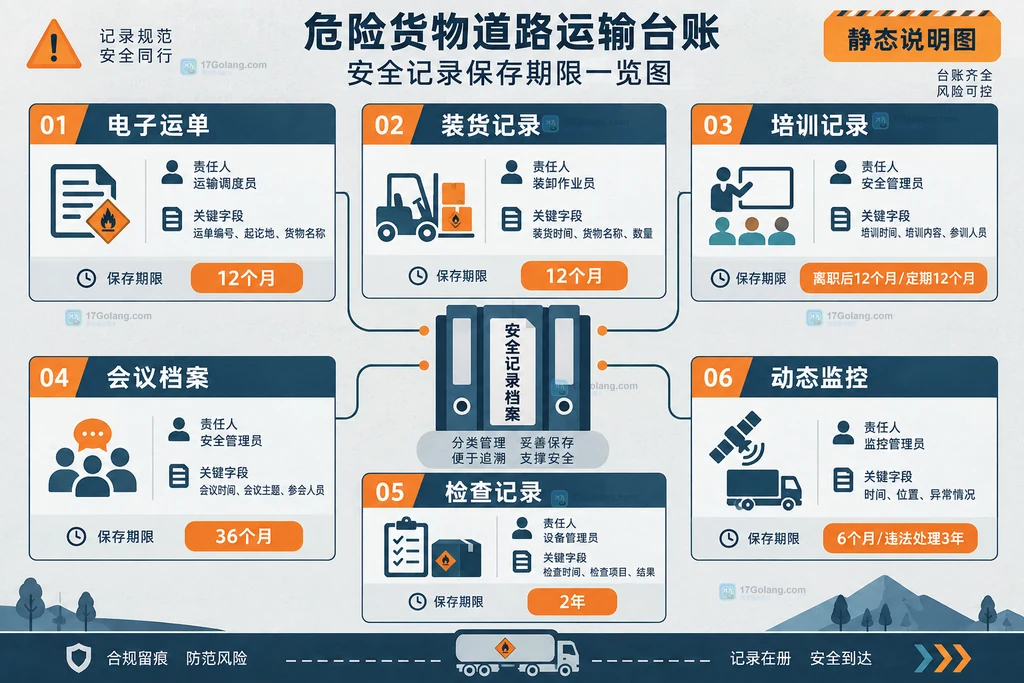 危险货物道路运输电子运单、装货记录、培训会议、检查和动态监控的留存期限关系说明图