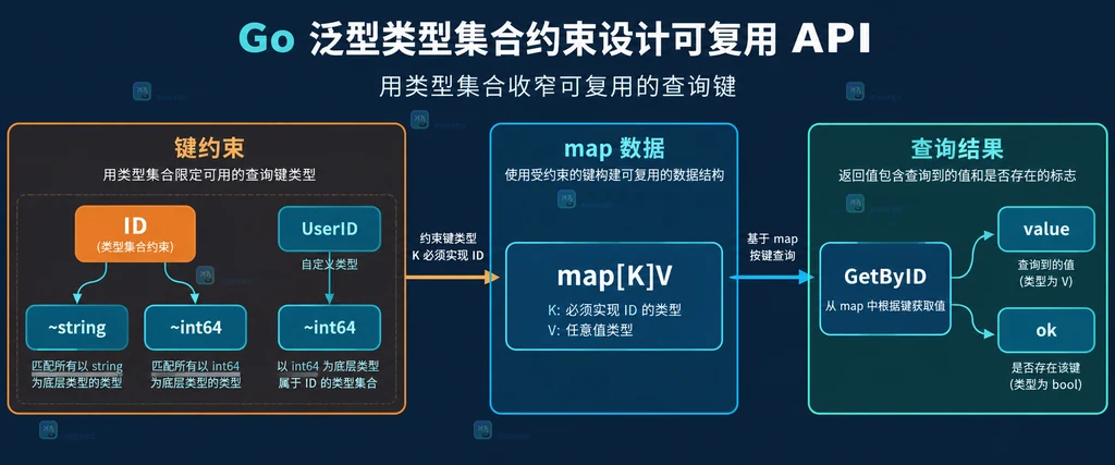 Go 泛型可复用 API 的约束边界说明图,展示查询键、值类型、map 和返回结果之间的静态关系