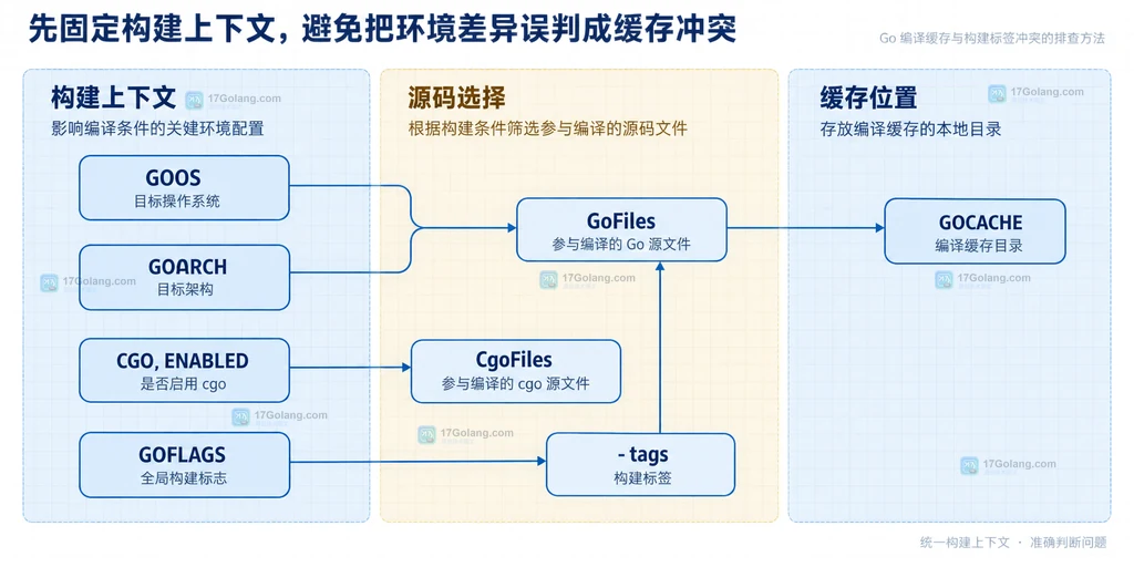 Go 构建上下文、构建标签与源码文件集合之间的静态关系说明图