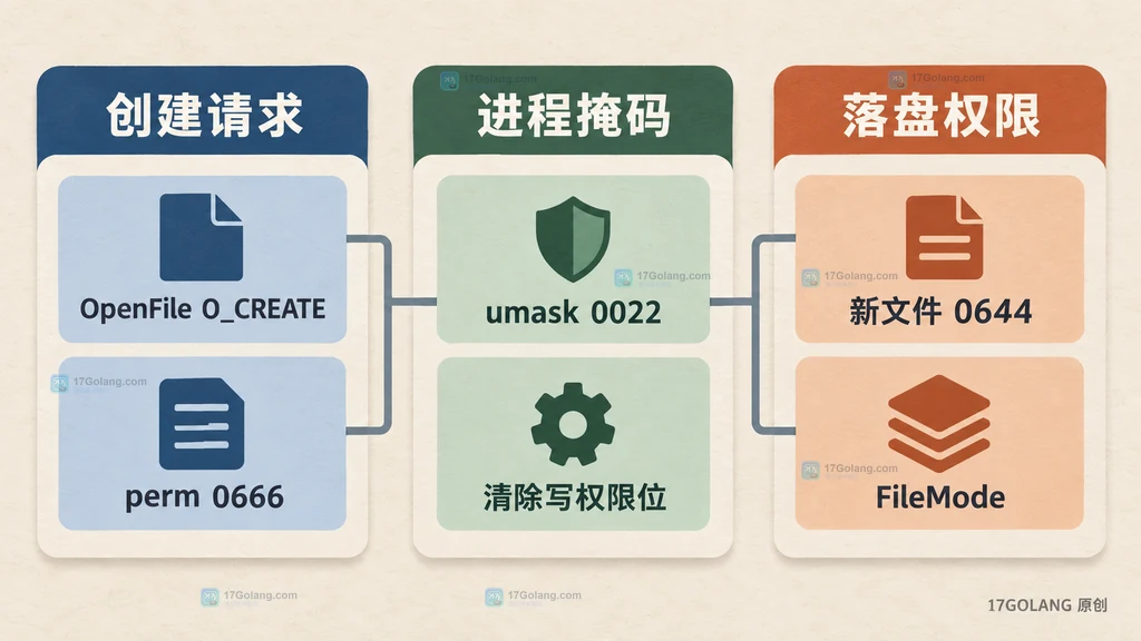 OpenFile 创建权限、进程 umask 与新文件最终权限的结构关系
