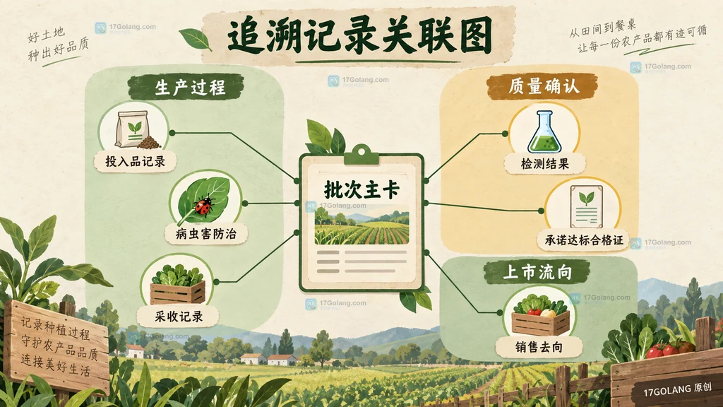 农产品批次主卡与生产质量和流向记录的静态关系图