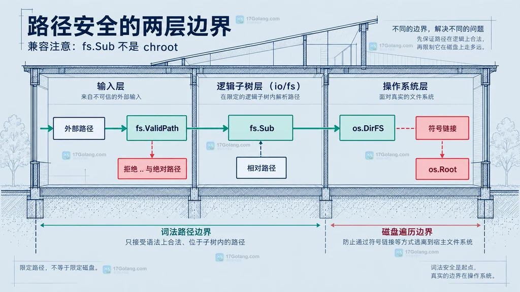 fs.ValidPath 与 fs.Sub 的词法路径边界和 os.Root 磁盘遍历边界静态关系图