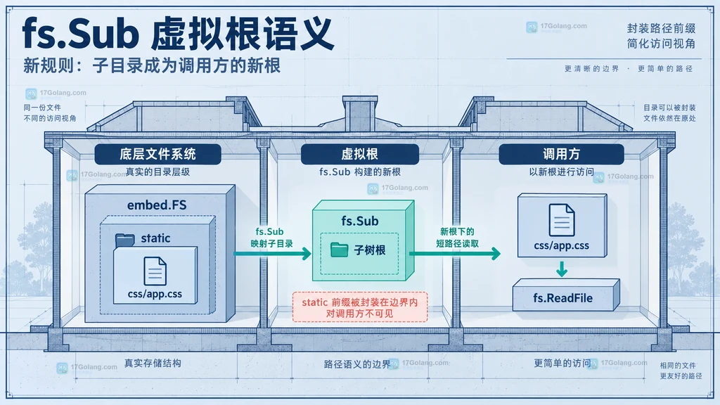 fs.Sub 将 embed.FS 中 static 子目录映射成调用方虚拟根的静态关系图