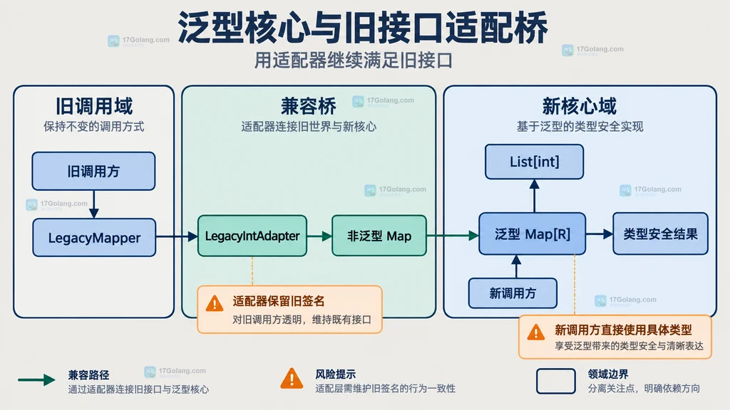 新泛型核心类型通过旧接口适配器服务旧调用方的静态关系图