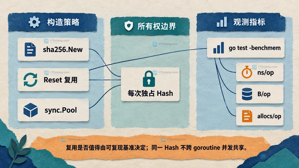 sha256 New、Reset 复用、sync Pool、Hash 独占所有权与 benchmark 指标的静态关系图