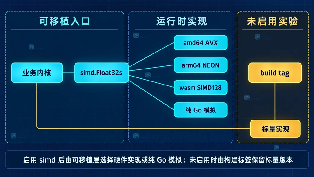业务内核、可移植 SIMD、amd64、arm64、wasm、纯 Go 模拟与标量实现的静态回退关系图