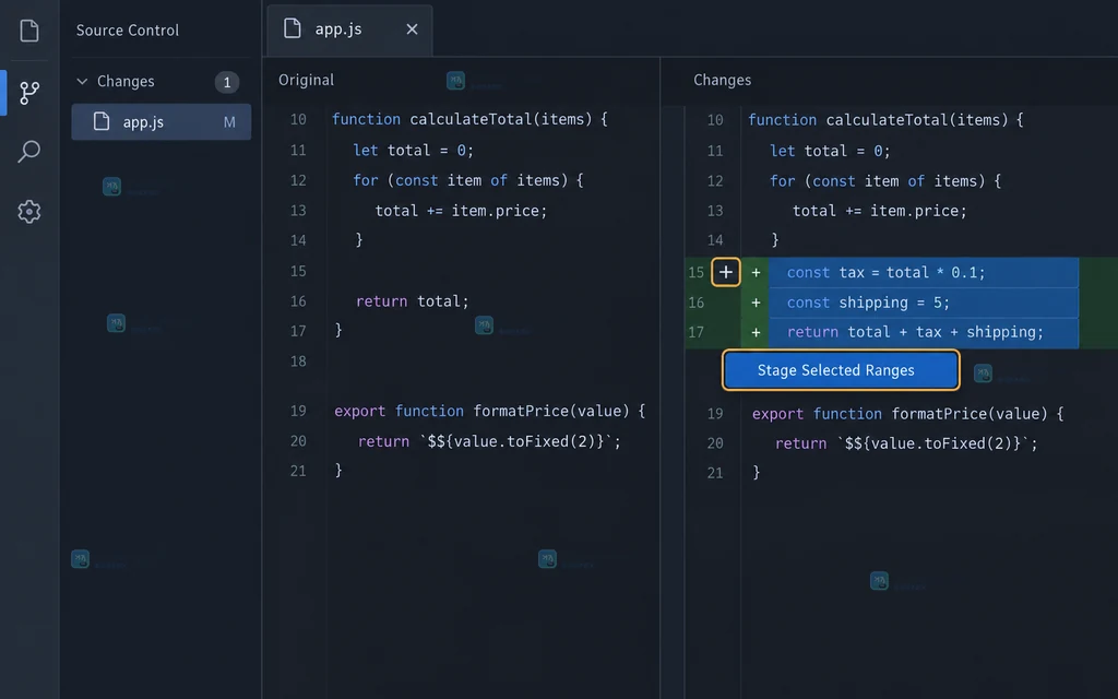 VS Code Stage Selected Ranges 原创操作示意图
