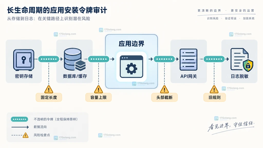 GitHub App 安装令牌从约40字符到约520字符的格式变化与权限仓库范围一小时有效期边界说明图